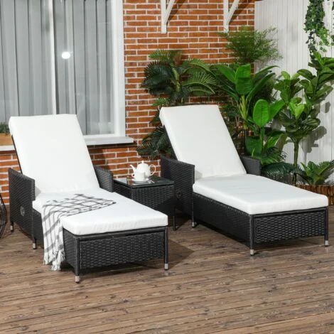 Outsunny Patio Chaise Lounge Chair Set W/ Adjustable Backrest, Side Table Cream - Image 3