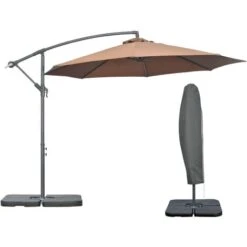 Outsunny 3(m) Garden Banana Parasol Cantilever Umbrella W/ Base Weights & Cover Coffee