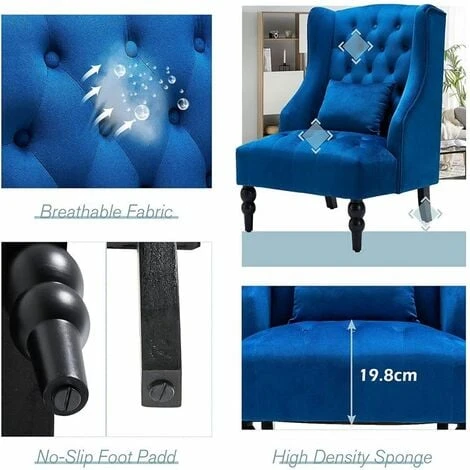 YODOLLA Mid Century Accent Chair With Wooden Legs For Living Room Wingback Tufted Fabric Armless Chair High Back Club Chair (Royal Blue) - Image 2