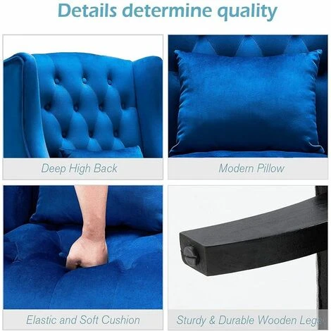 YODOLLA Mid Century Accent Chair With Wooden Legs For Living Room Wingback Tufted Fabric Armless Chair High Back Club Chair (Royal Blue) - Image 3