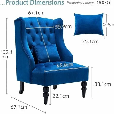 YODOLLA Mid Century Accent Chair With Wooden Legs For Living Room Wingback Tufted Fabric Armless Chair High Back Club Chair (Royal Blue) - Image 4
