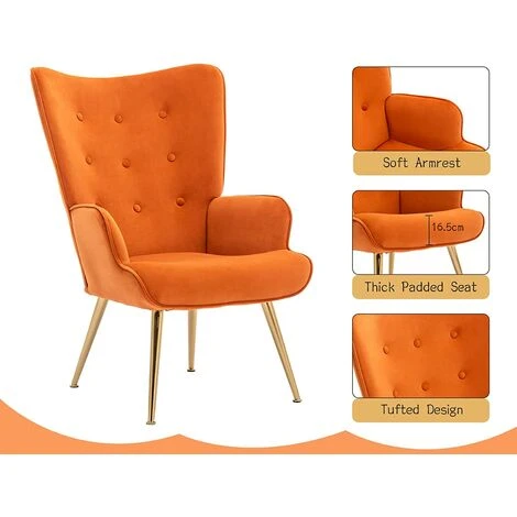 Velvet Armchair Modern Accent Chair With Footstool Occasional Lounge Chair For Living Room, Orange - Image 2