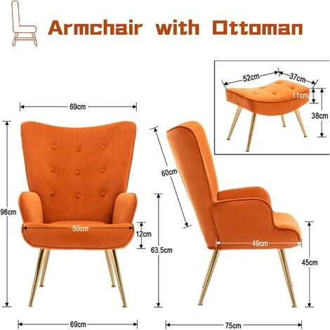 Velvet Armchair Modern Accent Chair With Footstool Occasional Lounge Chair For Living Room, Orange - Image 3