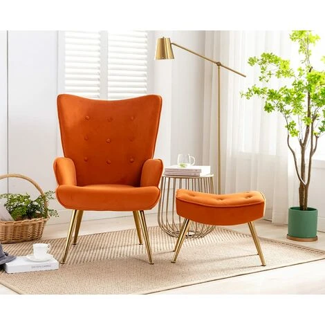 Velvet Armchair Modern Accent Chair With Footstool Occasional Lounge Chair For Living Room, Orange - Image 4