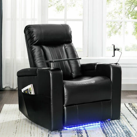 Electric Recliner Chair Sofa Armchair With USB Charge Port, 360 Swivel Tray Table, LED, Hand In-Arm Storage, Cup Holders, PU Leather, Black