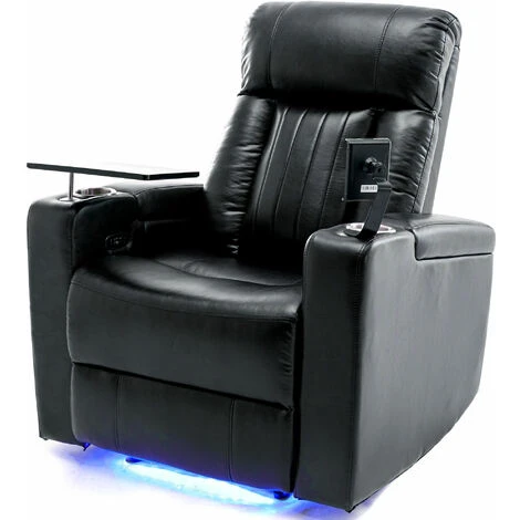Electric Recliner Chair Sofa Armchair With USB Charge Port, 360 Swivel Tray Table, LED, Hand In-Arm Storage, Cup Holders, PU Leather, Black - Image 2