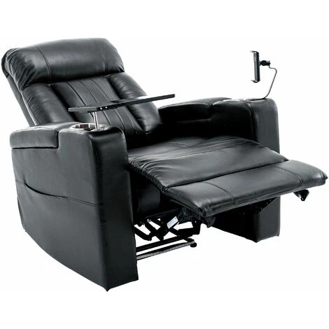 Electric Recliner Chair Sofa Armchair With USB Charge Port, 360 Swivel Tray Table, LED, Hand In-Arm Storage, Cup Holders, PU Leather, Black - Image 3