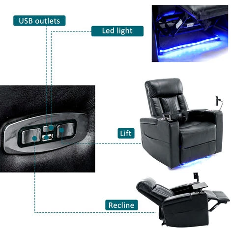 Electric Recliner Chair Sofa Armchair With USB Charge Port, 360 Swivel Tray Table, LED, Hand In-Arm Storage, Cup Holders, PU Leather, Black - Image 4