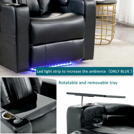 Electric Recliner Chair Sofa Armchair With USB Charge Port, 360 Swivel Tray Table, LED, Hand In-Arm Storage, Cup Holders, PU Leather, Black - Image 5