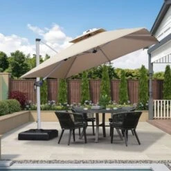 PURPLE LEAF 3 X 3 M Garden Cantilever Parasol, Large Square Overhanging Patio Umbrella With Crank Handle And Tilt For Balcony And Outdoor, Beige,3 X 3 M