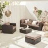 Ready Assembled 5-seater Polyrattan Garden Sofa Set - Sofa, Armchair, Coffee Table - Caligari - Brown Rattan, Chocolate Cushions