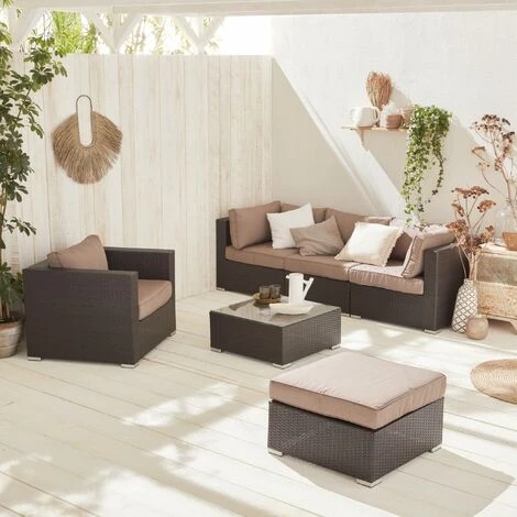 Ready Assembled 5-seater Polyrattan Garden Sofa Set - Sofa, Armchair, Coffee Table - Caligari - Brown Rattan, Chocolate Cushions
