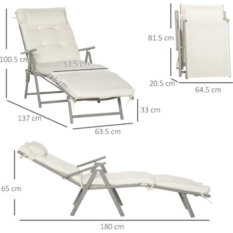 Outsunny Sun Lounger Recliner Foldable Padded Seat Adjustable Texteline White - Image 2