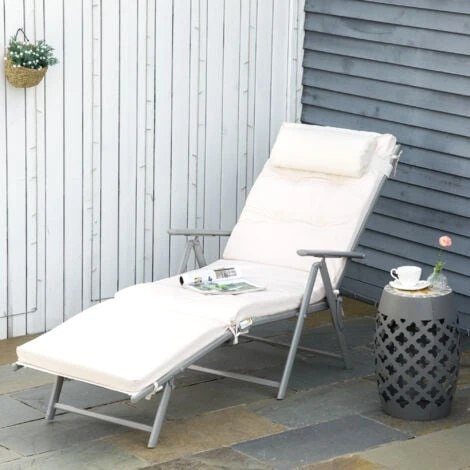 Outsunny Sun Lounger Recliner Foldable Padded Seat Adjustable Texteline White - Image 3