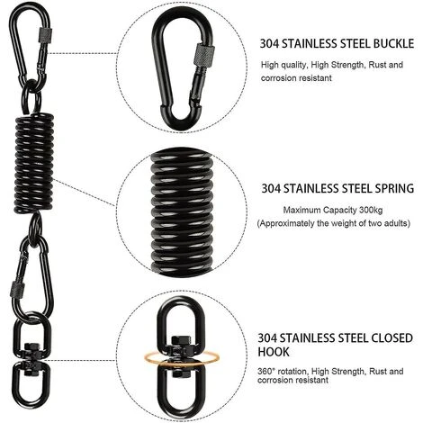 Swivel Steel Spring With 2 Carabiners And 360 Degree Swivel Hook (1 Set, Black) - Image 3