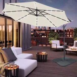 32 LED Solar Powered Parasol 3m Garden Banana Hanging Umbrella Cantilever Cream With Base Weight