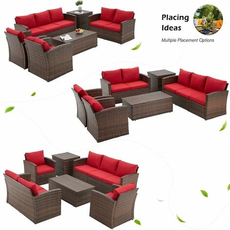 YODOLLA Garden Furniture Sets 7 Pieces Outdoor Rattan Sectional Sofa With Two Storage Boxes,for Garden, Backyard, Deck, Red - Image 5