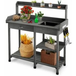 Garden Potting Table Wooden Planting Bench W/ Hooks Sink Drawer And Open Shelves