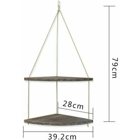 Jute Rope And Wood Hanging Corner Shelf For Kitchen Bathroom Bedroom Double Layer - Image 2