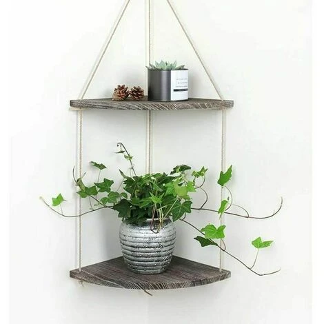 Jute Rope And Wood Hanging Corner Shelf For Kitchen Bathroom Bedroom Double Layer - Image 3