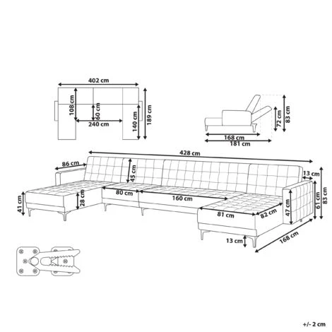 Modular U-Shaped Corner Sofa Bed 2 Chaises Seat Section Black Velvet Aberdeen - Image 3