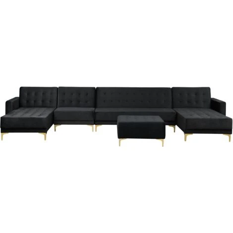 Modular U-Shaped Corner Sofa Bed 2 Chaises Seat Ottoman Black Velvet Aberdeen