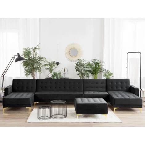 Modular U-Shaped Corner Sofa Bed 2 Chaises Seat Ottoman Black Velvet Aberdeen - Image 2