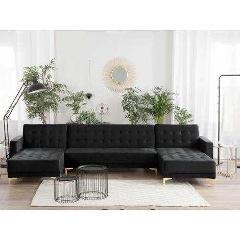Modular U-Shaped Corner Sofa Bed 3 Seater 2 Chaises Black Velvet Aberdeen - Image 2