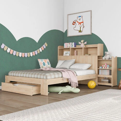 Wooden Single Storage Bed With Shelves Drawer, Natural Children Bed With Underbed Drawer - 3FT (90 X 190 Cm) Bed Frame For For Kids, Teenagers,Adults