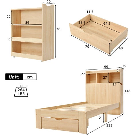 Wooden Single Storage Bed With Shelves Drawer, Natural Children Bed With Underbed Drawer - 3FT (90 X 190 Cm) Bed Frame For For Kids, Teenagers,Adults - Image 4