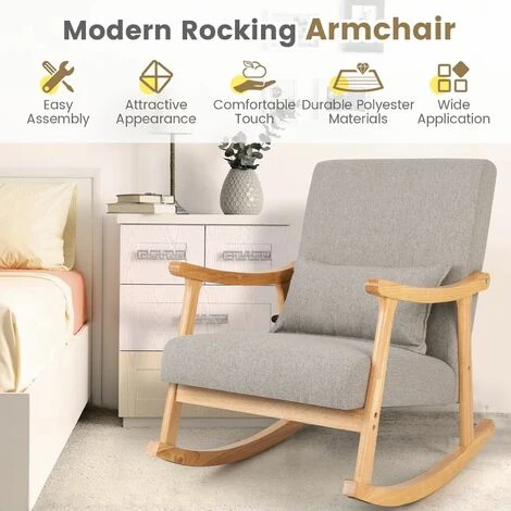 Modern Rocking Chair Upholstered Fabric Leisure Armchair With Rubber Wood Base - Image 4