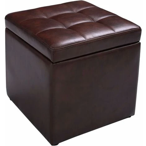 COSTWAY Faux Leather Ottoman, Pouffe Storage Toy Box With Hinge Top Padded Foot Stool, Cube Bench Seater For Living Room, Bedroom & Office, 150Kg Capacity (Brown)