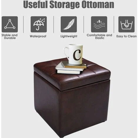 COSTWAY Faux Leather Ottoman, Pouffe Storage Toy Box With Hinge Top Padded Foot Stool, Cube Bench Seater For Living Room, Bedroom & Office, 150Kg Capacity (Brown) - Image 4