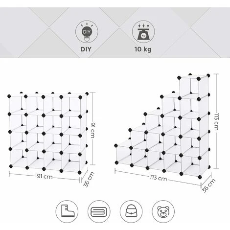 Interlocking Shoe Rack, Rectangular Storage Organiser, 15-Slot Modular DIY Storage Shelf Unit, Metal Wire Wardrobe By SONGMICS, White LPC44S - Image 5