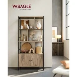 Songmics VASAGLE Bookshelf, Storage Shelf, Large Bookcase With Doors, 4 Shelves, Steel Structure, Industrial Style, For Living Room, Office, Toasted Oak Colour And Black LBC022B50