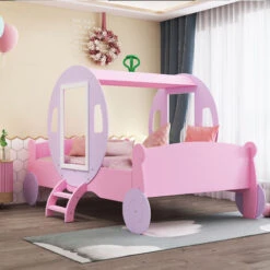 Children's Bed 3FT Princess Carriage, Car Bed, Pink, 90 X 190cm