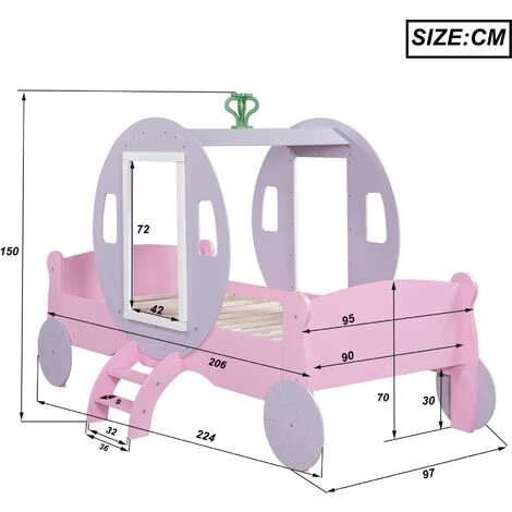 Children's Bed 3FT Princess Carriage, Car Bed, Pink, 90 X 190cm - Image 5